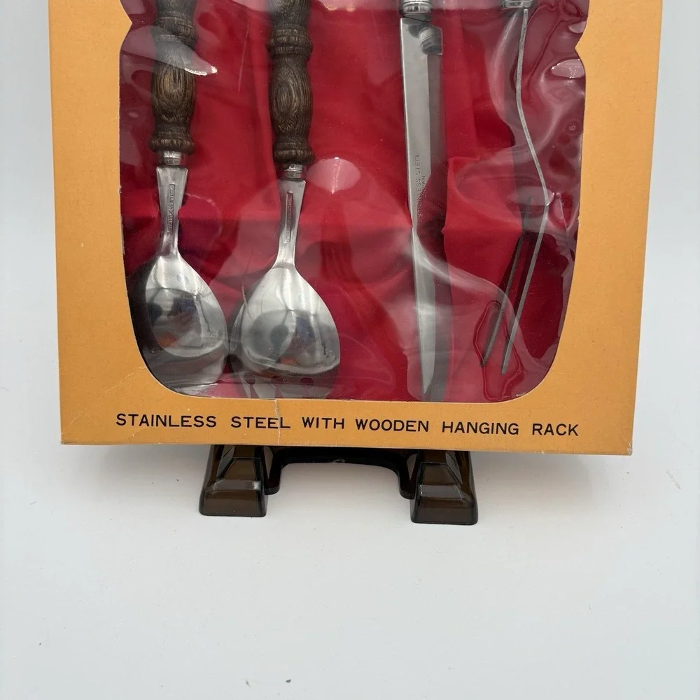 1970's Wood Handled Salad Serving & Carving‎ Set Hanging Display NEW Retro Eagle